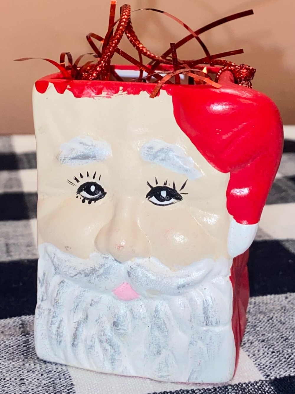 VINTAGE SANTA CLAUS Ceramic Gift Bag Handle Painted Santa Face Collectible 3x2”